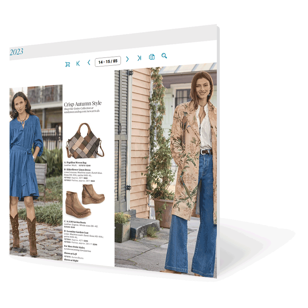 apparel shopping catalog showcasing product pop up feature