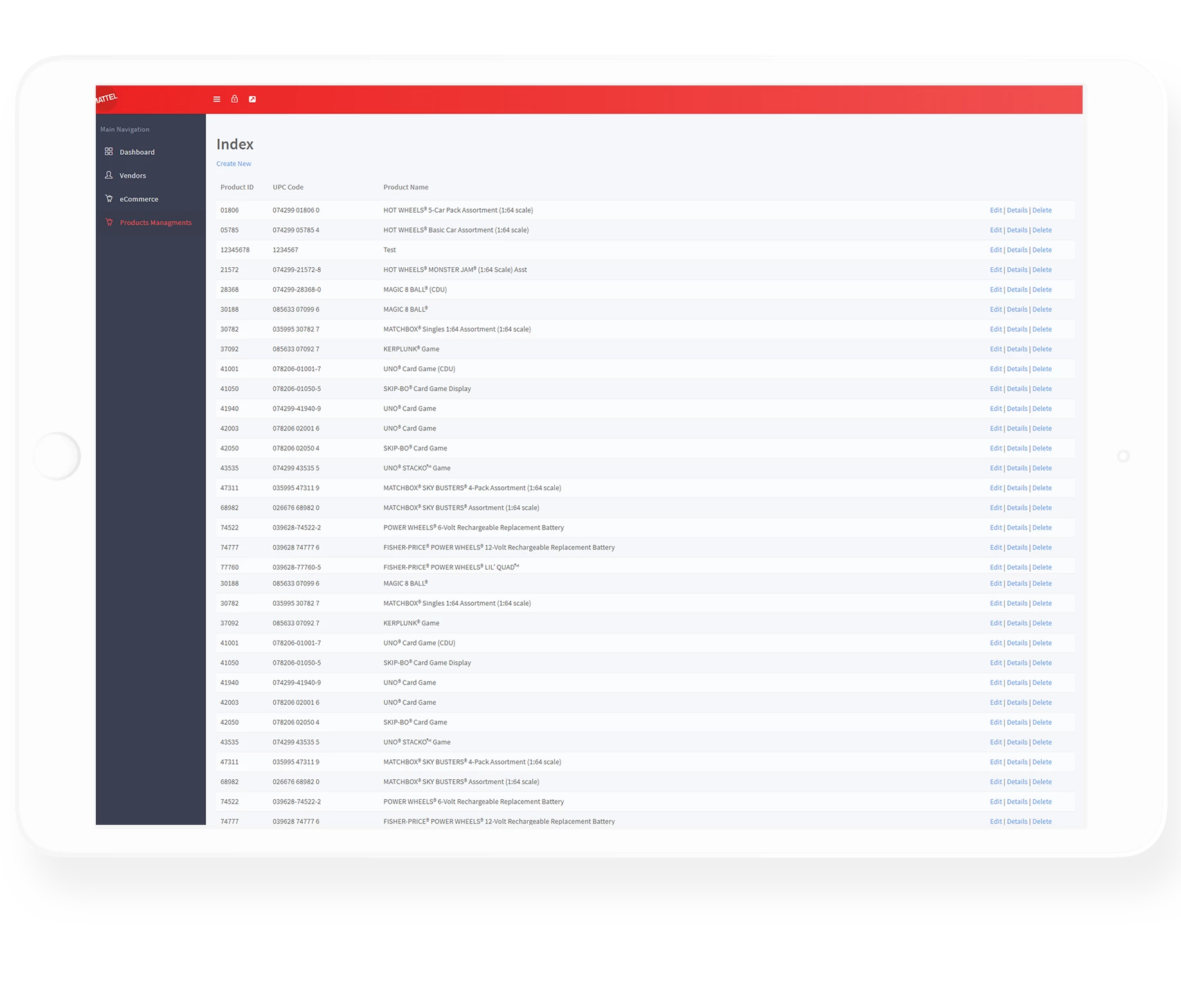 Tablet screen displaying a WooCommerce product feed interface with product details, UPC codes, and editing options, illustrating the preparation step for catalog conversion in DCatalog.