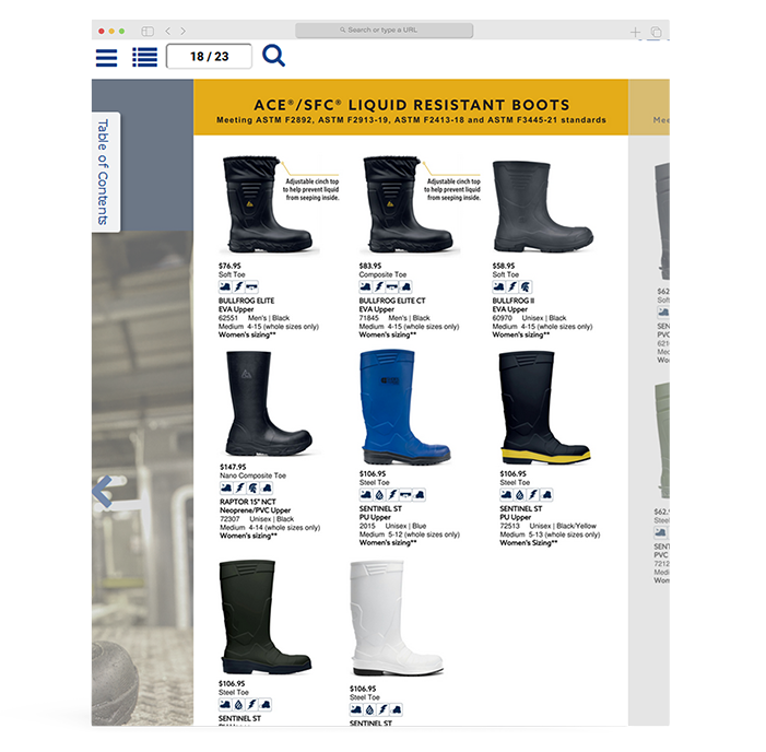 Business and sales catalog template showcasing liquid-resistant work boots with pricing and product details.