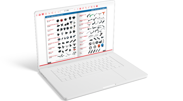Automated catalog production process displayed on a laptop screen with a digital product catalog interface.