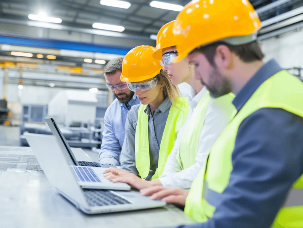 Manufacturing engineers and managers in safety gear collaborating on product data management (PDM) software using laptops in an industrial facility.