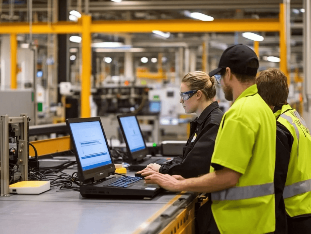 Manufacturing team working on PDM software at a production facility, monitoring product data and managing workflows on laptops.