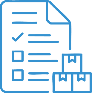 Line art icon of an inventory checklist and stacked boxes representing inventory management and tracking.