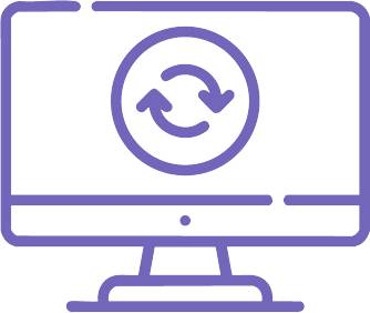 Line art icon of a computer screen with a sync symbol representing automated inventory updates and real-time tracking