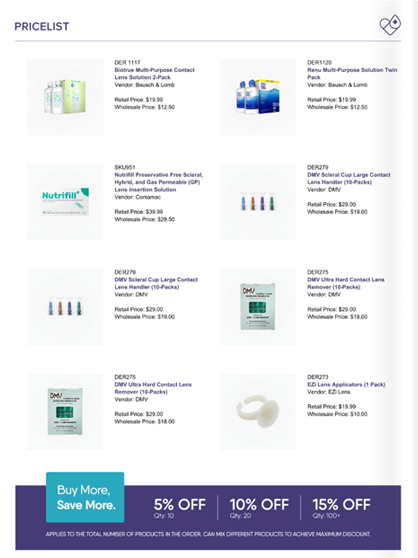Retail and wholesale price list template for healthcare and contact lens products with quantity discounts