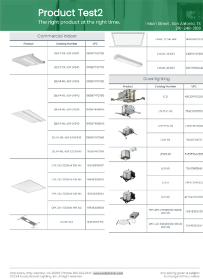 Chart-style price list template for commercial indoor and downlighting products with product codes and UPCs