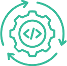 Icon of a gear surrounded by arrows representing seamless API and system integration