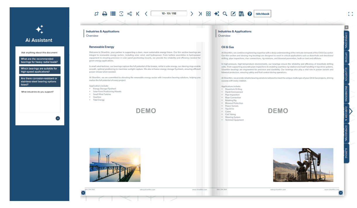 Smart Doc AI Assistant answering industry-specific questions from product manuals for renewable energy and oil & gas applications.