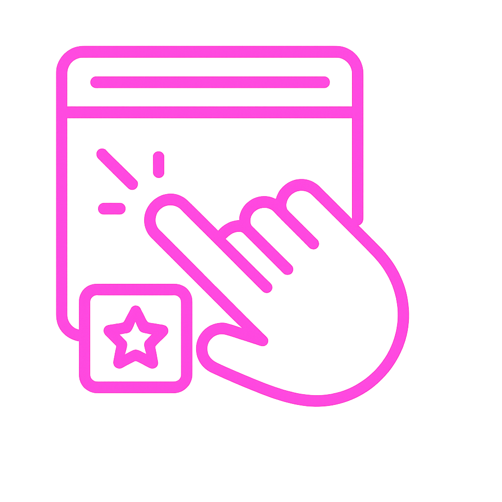 Icon of a web browser window with a hand clicking a star button, representing interactive sell sheet templates with clickable links and multimedia features