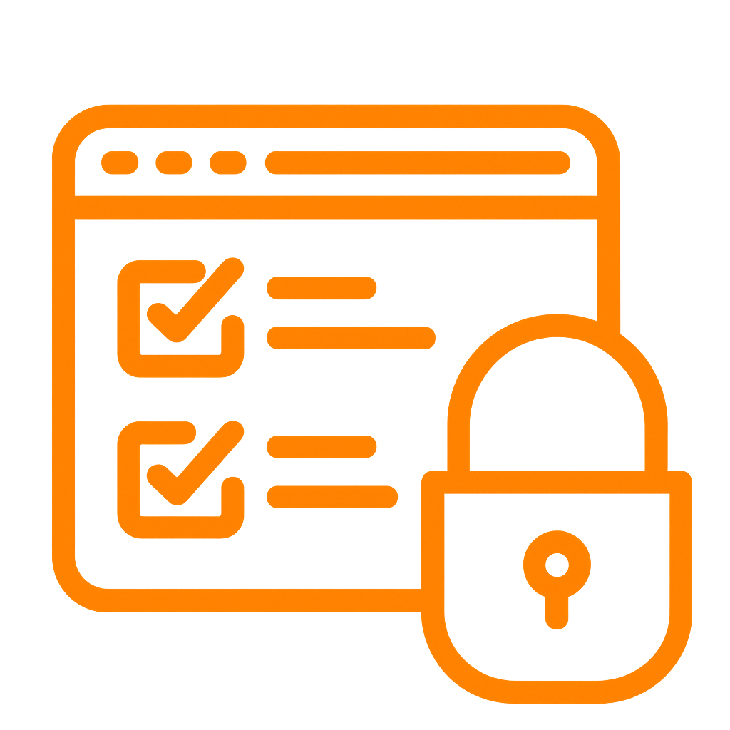 Icon of a browser window with checkmarks and a padlock symbolizing secure access to line, stock, sell, and sales sheet templates