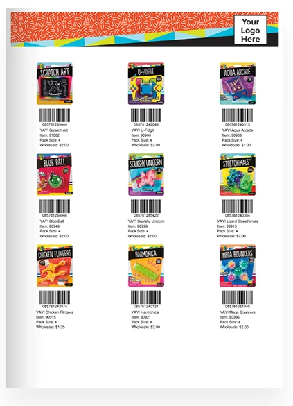 Example of a retail product line sheet template showing multiple SKUs with images, barcodes, and pricing in grid format